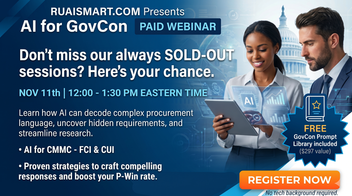 RU AI SMART presents AI for GovCon – Paid Webinar, Nov 11, 12:00–1:30 PM Eastern